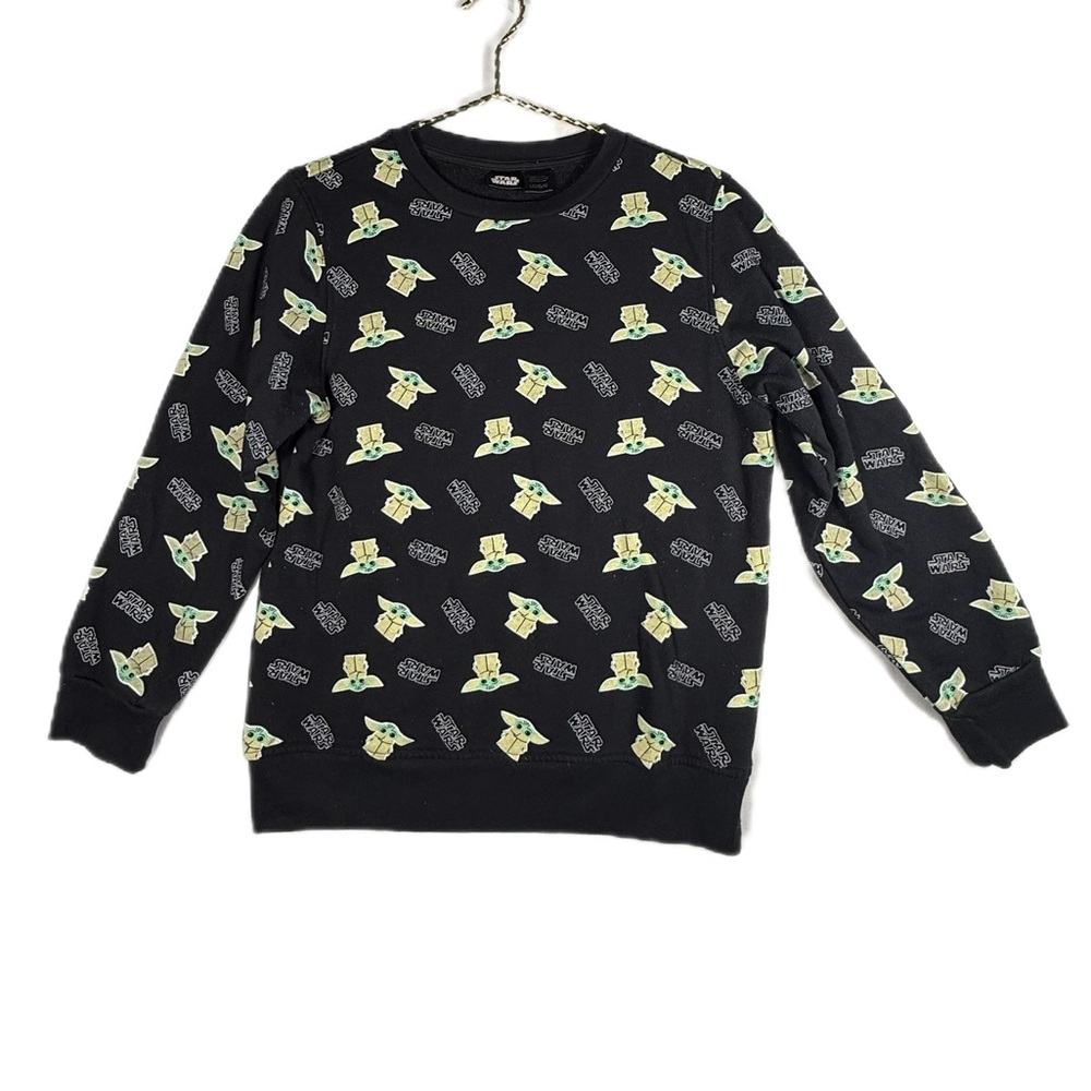 Star Wars Grogu Baby Yoda Boys Black Sweatshirt All Over Print Size Large Crew